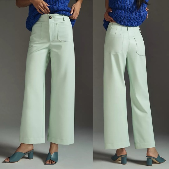 ANTHROPOLOGIE The Colette Cropped Wide-Leg Faux Leather Pants by Maeve in Mint - Picture 2 of 8